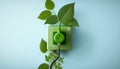 Green power cord in wall socket or outlet with fresh leaves, Generative AI Royalty Free Stock Photo