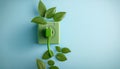 Green power cord in wall socket or outlet with fresh leaves, Generative AI Royalty Free Stock Photo