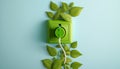 Green power cord in wall socket or outlet with fresh leaves, Generative AI Royalty Free Stock Photo