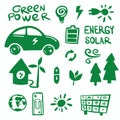 Green power and solar energy sticker hand drawn icon set, Flat vector illustration.Renewable resources.Ecology.Nature road electro Royalty Free Stock Photo