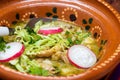 Green Pozole, traditional Mexican cuisine, hominy stew Royalty Free Stock Photo