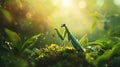 Green praying mantis, beautiful insect sitting on a plant Royalty Free Stock Photo