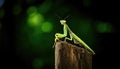 Green praying mantis perched on a tree stump in a dense forest Royalty Free Stock Photo