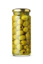 Green preserved pickled olives jar isolated