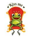 The prince frog sits on the throne. Kiss me.