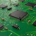 Green printed circuit board featuring multiple integrated circuits (ICs) and resistors. Royalty Free Stock Photo