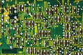 Green printed circuit board PCB with chip texture or background. Electronic embedded system design