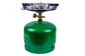 Green propane gas cylinder with burner isolated on white background