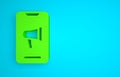 Green Protest icon isolated on blue background. Meeting, protester, picket, speech, banner, protest placard. Minimalism
