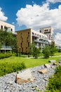 Green public park in the city with dry stony watercourse