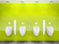 A green public restroom with four urinals