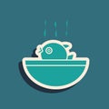 Green Puffer fish soup icon isolated on green background. Fugu fish japanese puffer fish. Long shadow style. Vector.