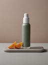 A green pump bottle on a grey tray with orange slices.