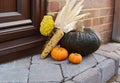 Green pumpkin with Indian corn and ornamental gourds on doorstep Royalty Free Stock Photo