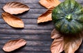 Green pumpkin and orange leaves on wooden background. Autumn harvest banner template. Royalty Free Stock Photo