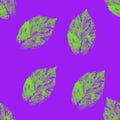 Green and purple Abstract leaves silhouette seamless pattern. Hand drawn leaf silhouettes with scribble textures. Natural elements Royalty Free Stock Photo