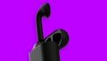 Green and purple background. Motion. A bright background of the same color on which a black case with airpods and