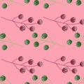 Green and purple colored berry print seamless nature pattern. Pink bright background. Doodle ornament Royalty Free Stock Photo