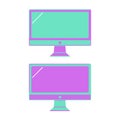 Green and purple computer monitors on a white background.