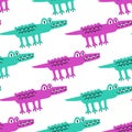 Green and Purple hand drawn cute cartoon character crocodile. Scandinavian style alligator seamless pattern.