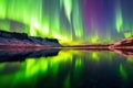 a green and purple lights over a lake