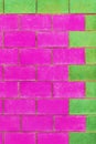 Green and purple pink paint on brick blocks urban color vibrant design wall texture background architecture Royalty Free Stock Photo