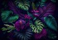 Green and purple tropical leafy plants background