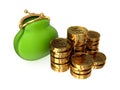 Green purse and golden coins. Royalty Free Stock Photo