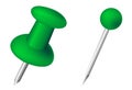 Green pushpin and pin on white background