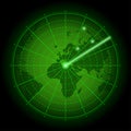 Green radar screen with world map. Background of air search system with blip. Vector. Royalty Free Stock Photo