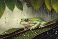 Green Rain Elements: A Commissioned Painting of a Frog Sheltering under Leaf Droplets Royalty Free Stock Photo