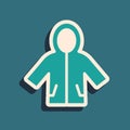 Green Raincoat icon isolated on green background. Long shadow style. Vector