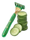 Green razor lying beside freshly sliced cucumbers Royalty Free Stock Photo