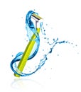 Green razor for men with refreshing water splashes on white background