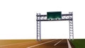 Green rectangular signboard with silver trim, fixed to a metal overhead steel structure