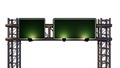 Green rectangular signboard with silver trim, fixed to a metal overhead steel structure