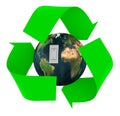 green recycle symbol with earth inside and switch