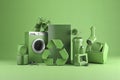 Green recycle symbol with household appliances, 3D rendering