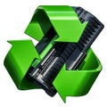 Green recycle symbol with toner cartridge, 3D rendering