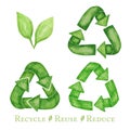 Green Recycled green arrows icon set. Watercolor hand drawn illustration isolated on white background. Ecological design Royalty Free Stock Photo