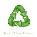 Green Recycled arrows icon. Watercolor hand drawn illustration isolated on white background. Ecological design Recycle Royalty Free Stock Photo