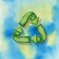 Green Recycled cycle arrows icon. Watercolor hand drawn illustration isolated on Earth background. Ecological design