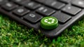 Green recycling symbol button on black keyboard resting on artificial grass surface Royalty Free Stock Photo