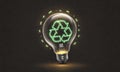 Green recycling symbol inside circle light bulb, glass font Royalty Free Stock Photo