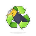 Green recycling symbol with used alkaline battery inside. Problems of waste processing, ecology and saving the Earth