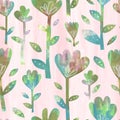 Green and red acrylic floral seamless pattern on light pink background. Hand-painted cute spring flowers Royalty Free Stock Photo