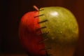 Green and red apple stapled with two halves Royalty Free Stock Photo