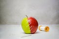 Green and red apple stitched together with a needle and thread Royalty Free Stock Photo