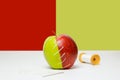 Green and red apple stitched together with a needle and thread Royalty Free Stock Photo