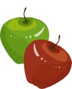 Green, red apples, brown roots, slices on white background, hand drawing, painting